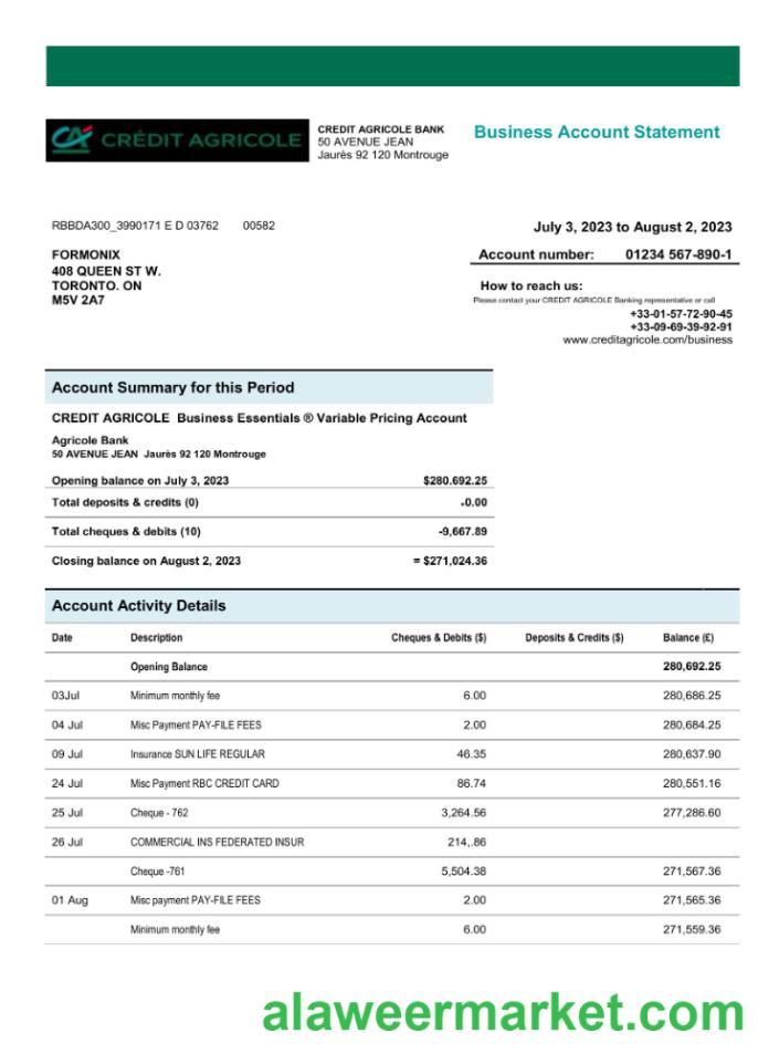 Credit Agricole Bank enterprise checking account statement Word and PDF template
